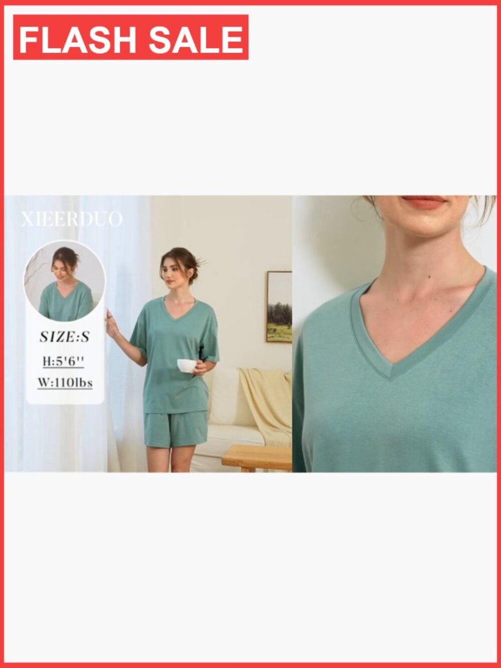 Lightweight Polyester Lounge Set with V-Neck and Elastic Waist, Size Large - Picture 7 of 7